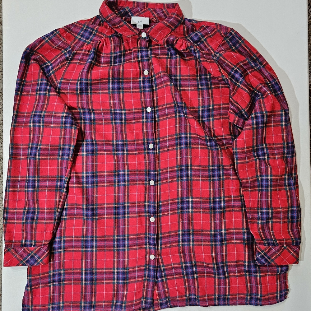 J. Jill Button Down Tunic Shirt Womens Size Large Red Blue Plaid Classic Flannel